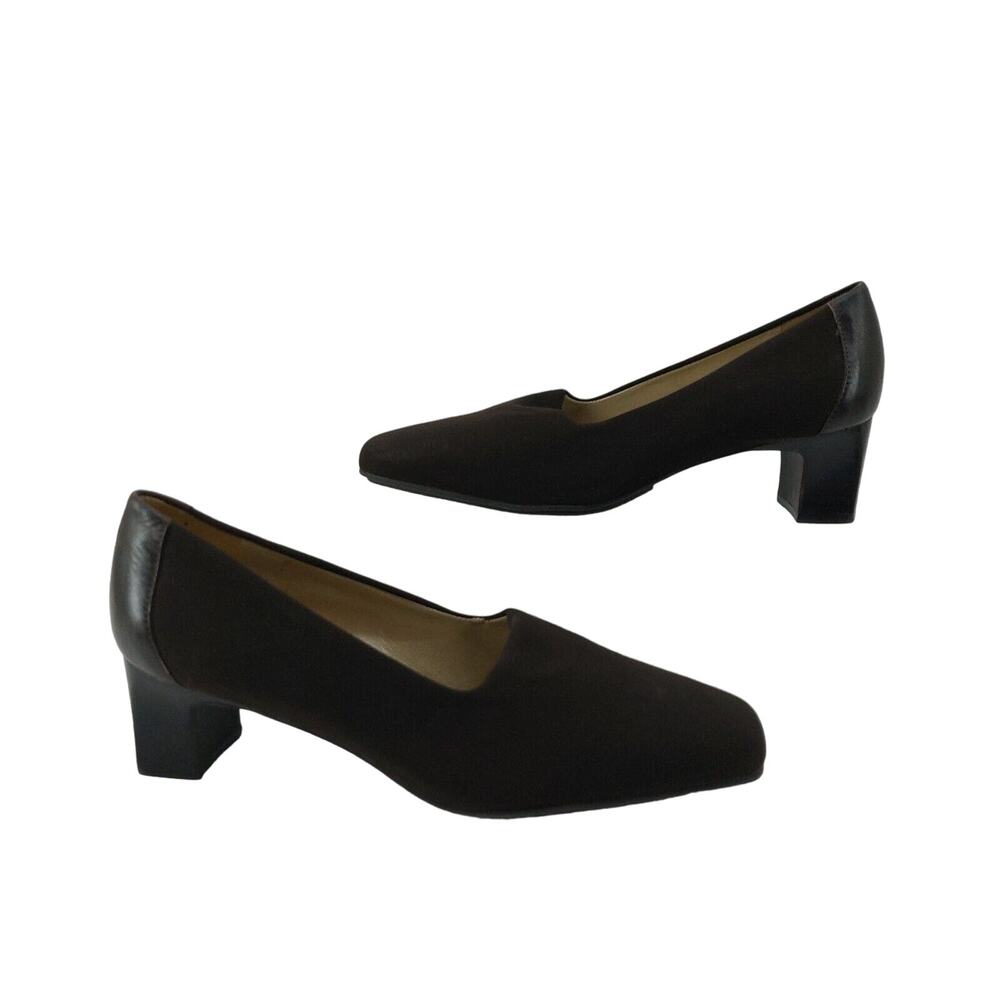 Talbots Sheridan Dark Brown Pumps Square Heel Stretch Fabric & Leather Upper 8.5